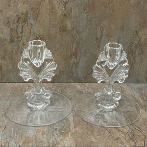 Pair of Vintage New Martinsville Janice Hughe’s Cornflower Cut Candle Holders